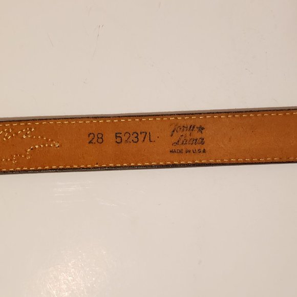 Tony Lama wes brown leather belt with stitch detailing and metallic heart decals